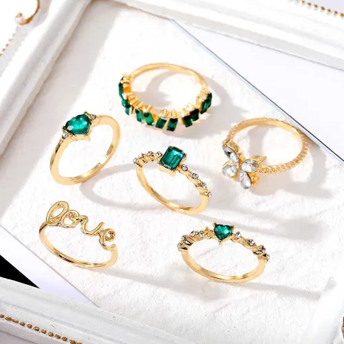 6 Pcs Love Green Rhinestone Decor Ring Set